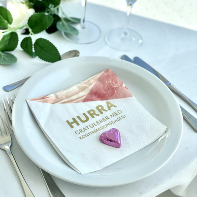 Servietter til konfirmasjon Hurra - rosa marmor - Happystar