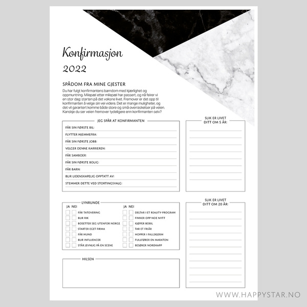 Spådomsark  til konfirmasjon