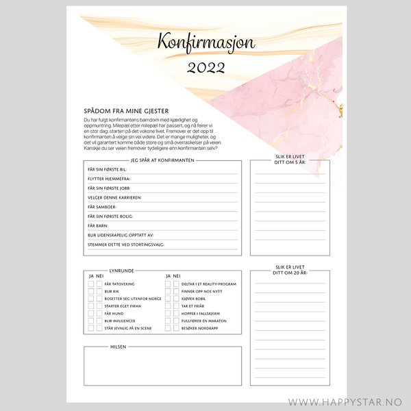 Spådomsark  til konfirmasjon