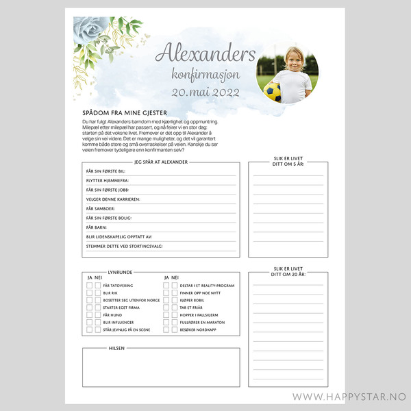 Personlig spådomsark til konfirmasjon