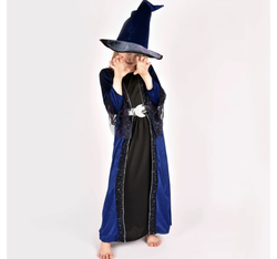 Den gode feen Heksekjole med hatt, blå/sort 4-5år  4-5år - Karneval