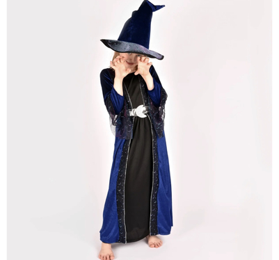Den gode feen Heksekjole med hatt, blå/sort 4-5år  4-5år - Halloween