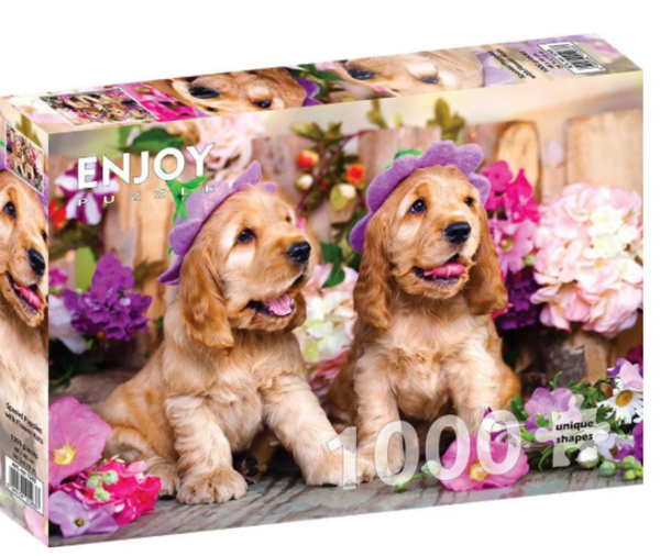 Enjoy puslespill 1000 Spaniel Puppies with Flower Hats