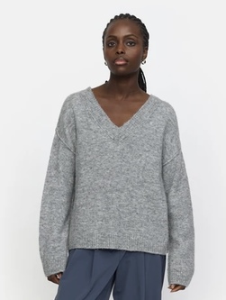 Allison V-neck Knit Medium Grey Melange - Soft Rebels