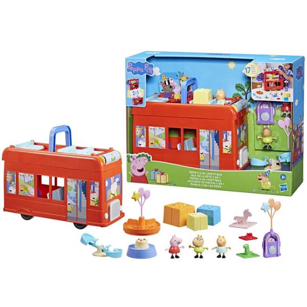 Peppa Gris 2-i-1 Lekesett m/ 3 figurer og 15 tilbehør - Partybuss