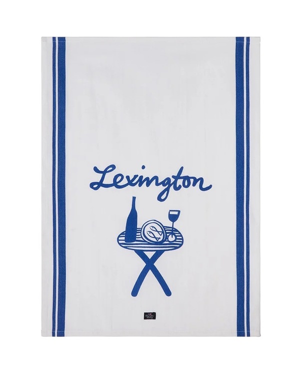 Kjøkkenhåndkle med trykk i bomullstwill, hvit/blå