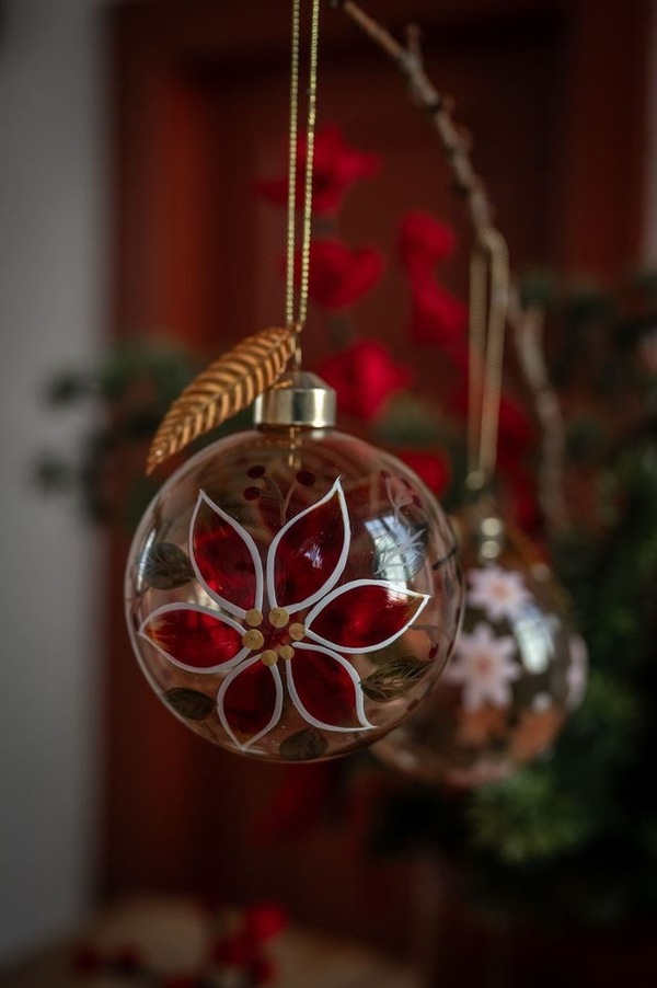 Glasskule Gylden m/Rød Blomster
