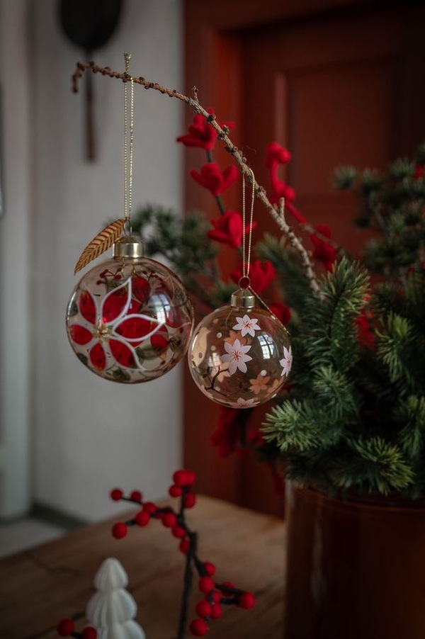 Glasskule Gylden m/Rød Blomster