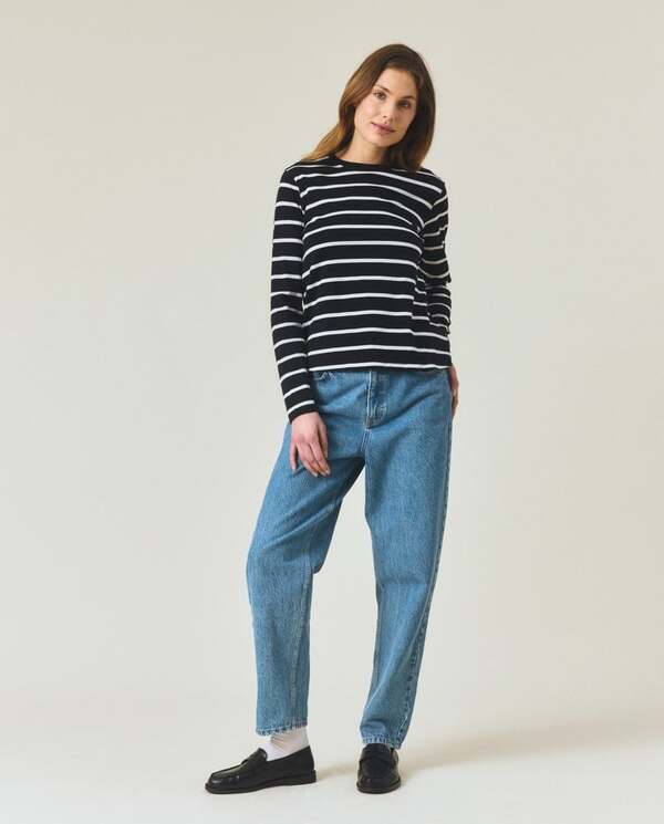 Langermet bommuls-t-skjorte,svart/hvite striper