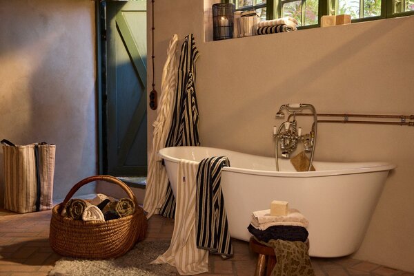 Stripet frottéhåndkle, blackish navy/beige