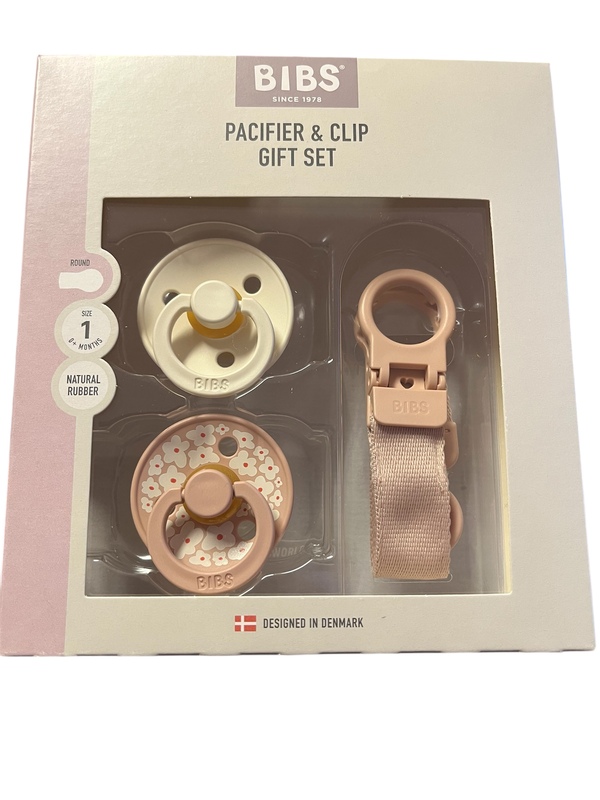BIBS COLOUR PACIFIER & LOOP CLIP GIFT SET - SIZE 1( 0MND+) NATURAL RUBBER