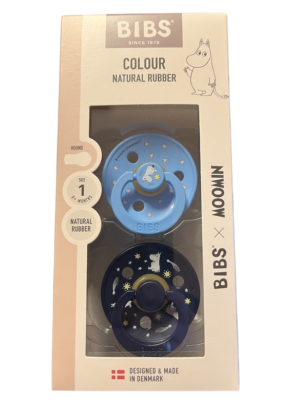 BIBS MOOMIN COLOUR 2 PACK SIZE 1 ( 0MND+) NATURAL RUBBER