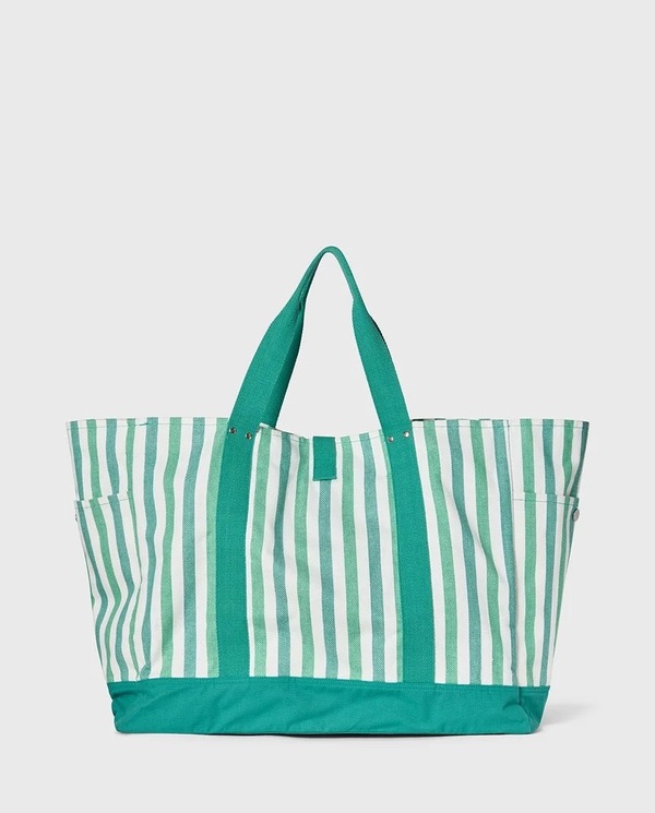 Strandveske i Økologisk Bomull med Sildebensmønster, Grønn Multistripe