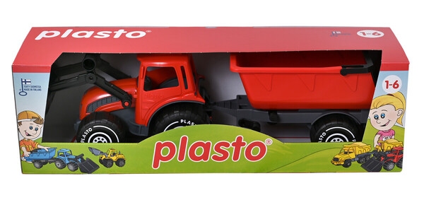 Plasto traktor med frontlaster og henger, rød