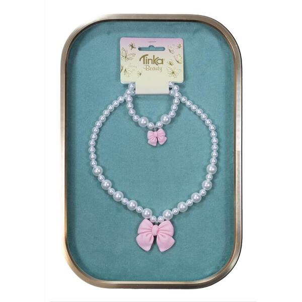 HALSKJEDE/ARMBÅND PERLER M/ROSA SLØYFE TINKA BEAUTY