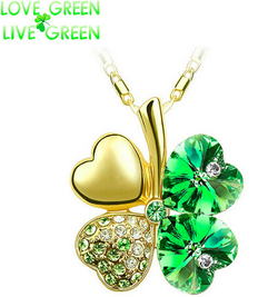 Halskjede - firkløver, grønn krystall grønn/gull - BZ Fashion Jewelry
